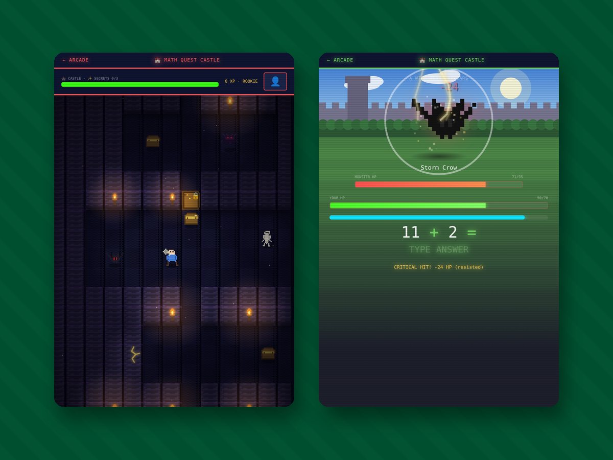 Two screens from Math Quest: a torch-lit castle map, and a courtyard battle where a lightning strike hits a crow above the problem 11 + 2.